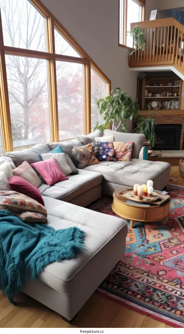 Cozy Living Room with Large Sectional Sofa and Colorful Pillows