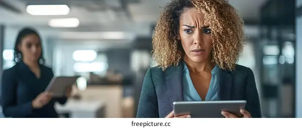 Businesswoman Surprised Looking at Tablet in Office