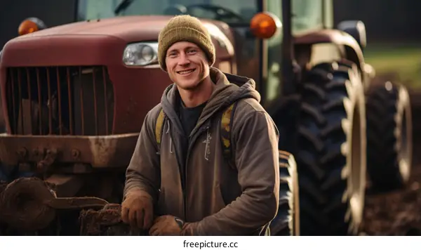 A young male farmer standing in front of his tractor