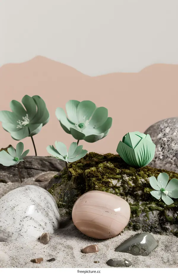 Green Paper Flowers and Stones Minimalist Still Life