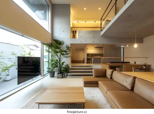 Modern Minimalist Living Room with Concrete and Wooden Elements
