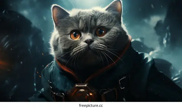 A grey cat wearing a blue and orange jacket