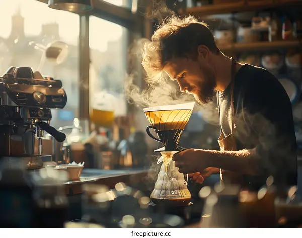 Focused barista making pour-over coffee in a cafe
