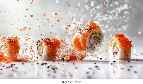 A variety of sushi pieces with flying ingredients