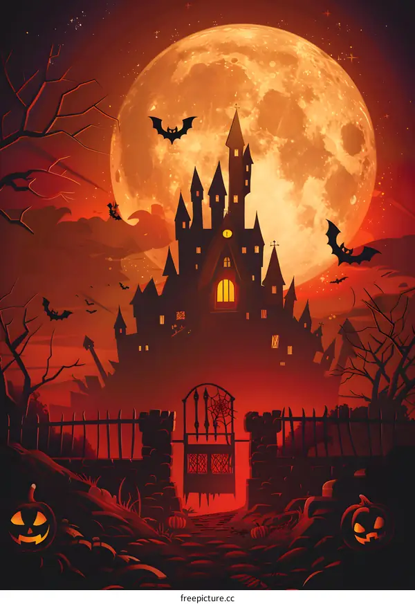 Haunted Castle Halloween Night Full Moon Bats