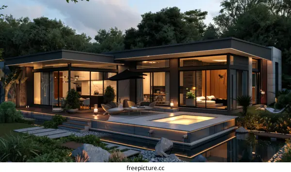 Modern House with a Backyard Pool at Dusk