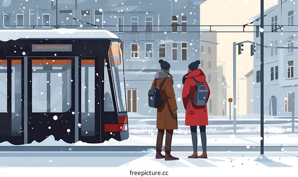 Winter Scene with Two People Waiting for the Tram