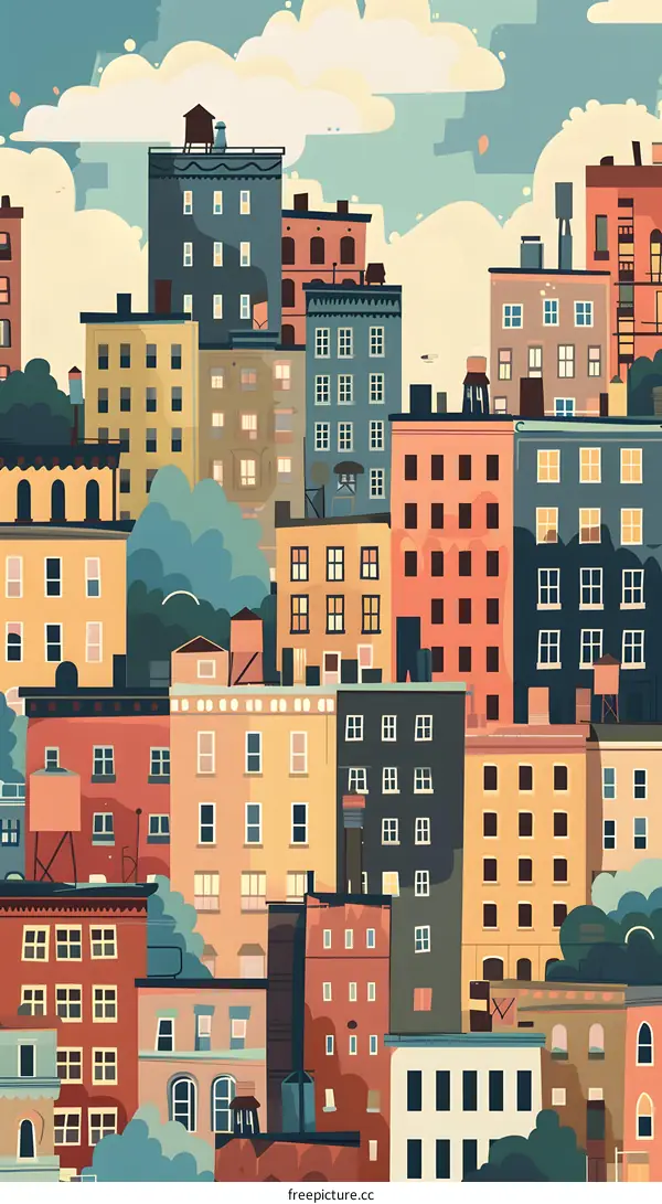 Colorful Cityscape Illustration With Buildings and Sky