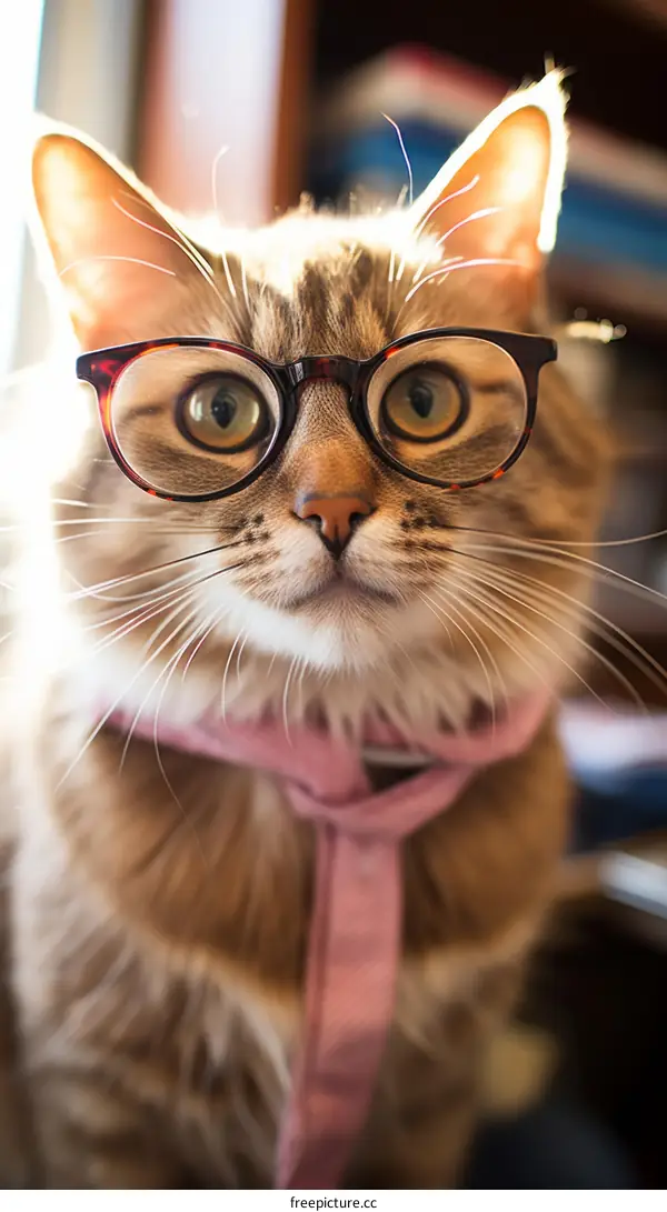 A cat wearing horn-rimmed glasses and a pink scarf