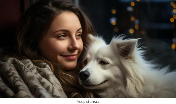 A young woman is smiling at a white dog