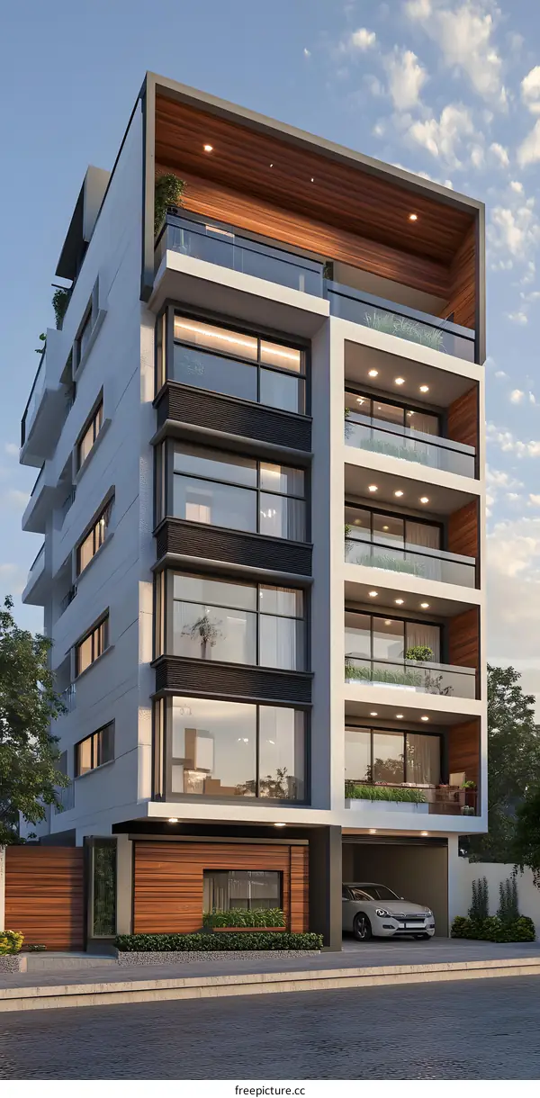 Modern Residential Building with Wooden Accents and Balconies