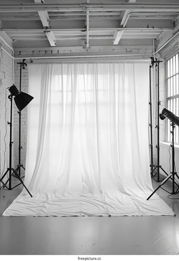 White photography studio background with curtain and lighting equipment