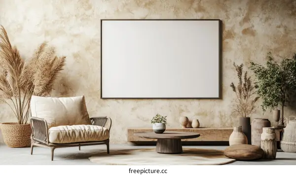 Bohemian Living Room Mockup with Empty Frame