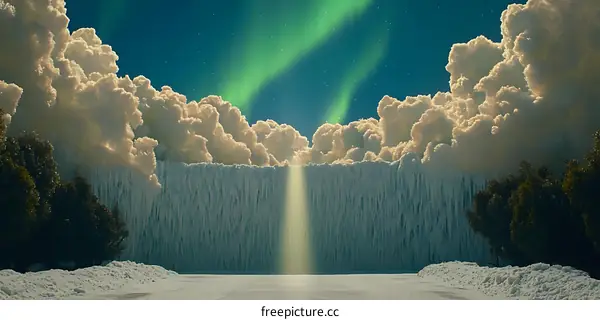 Winter Landscape with Ice Wall and Aurora Borealis