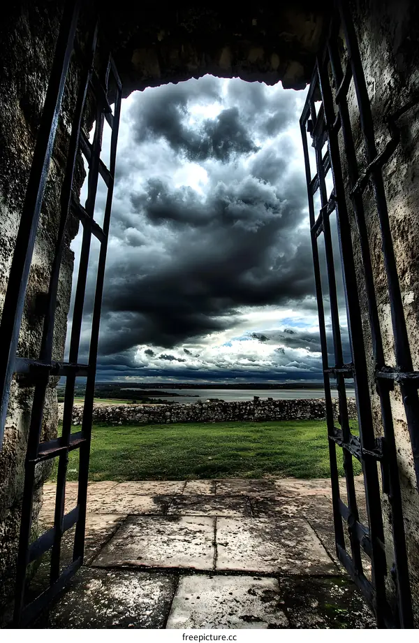 Open Gate with Cloudy Sky and Water View
