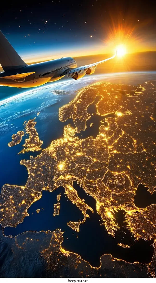 Airplane Flying Above Europe at Sunrise