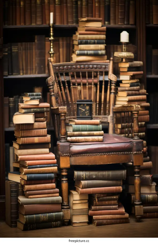 Antique Stack of Books on a Wooden Chair in Library