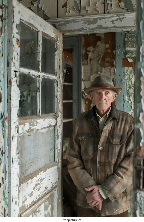Old Man Standing in Doorway of Abandoned House