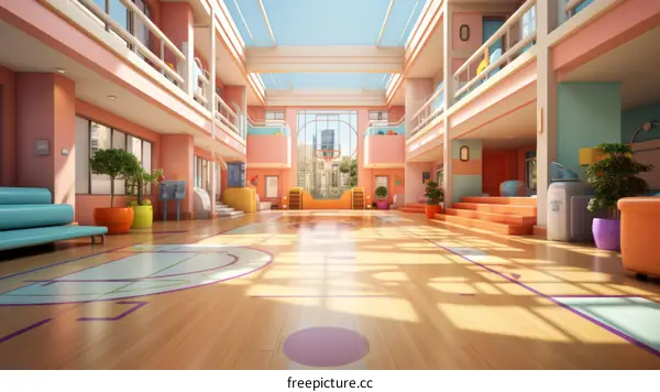 An illustration of an elementary school hallway