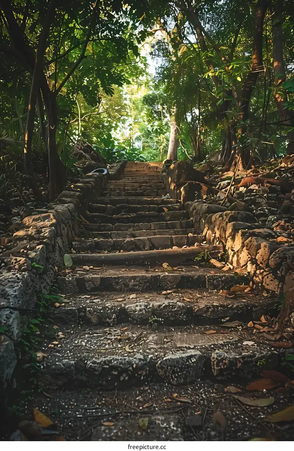 Stone Steps Leading Up Through Lush Green Forest