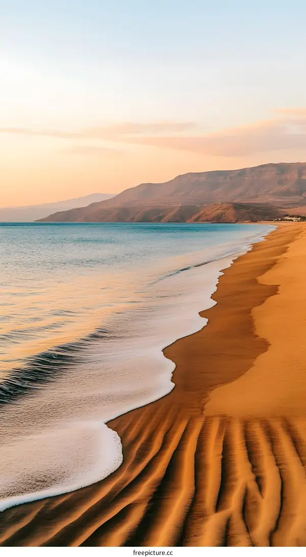 Beach at Sunrise with Waves and Mountains in the Distance