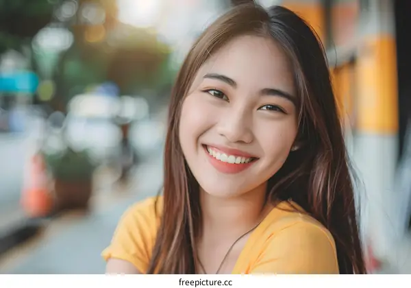 Smiling Asian Woman Portrait in Yellow Shirt