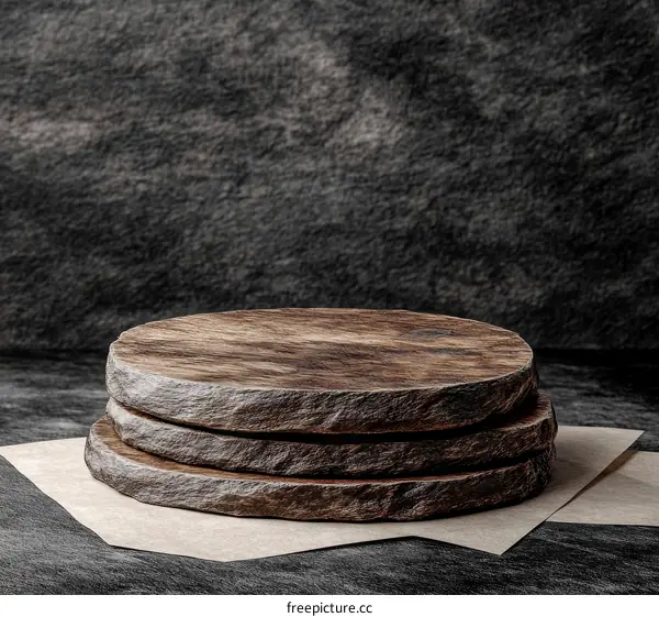Wooden Round Display Stand on Dark Stone Background