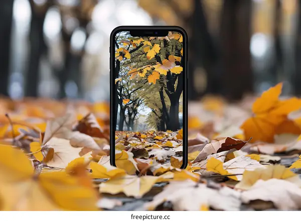 Smartphone Displaying Autumn Leaves on a Pathway