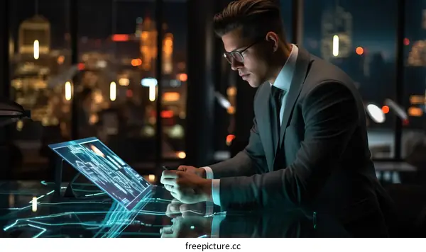 Business Professional Working Late on Futuristic Computer Project at Night