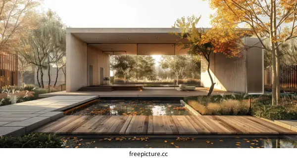 Modern Minimalist House with Pond and Large Glass Windows