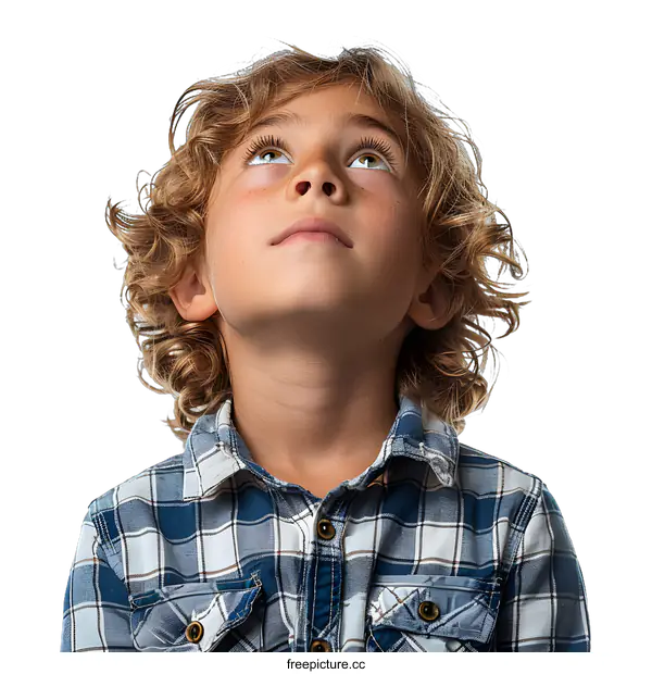 [Transparent Background PNG]Young boy with curly hair looking up