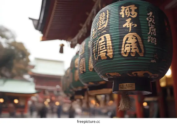 Traditional Japanese Lanterns Hanging at Temple
