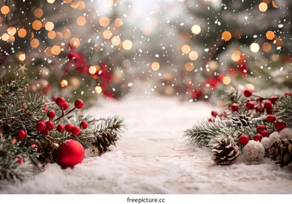 Christmas background with fir branches, red berries and decorations