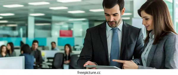 Business Professionals Collaborating on a Tablet in Modern Office