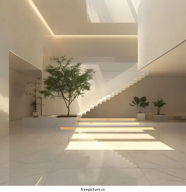 Modern Minimalist Interior Design with Staircase and Plants