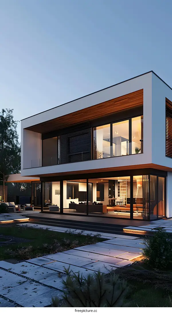 Modern House with Wooden Facade and Large Windows