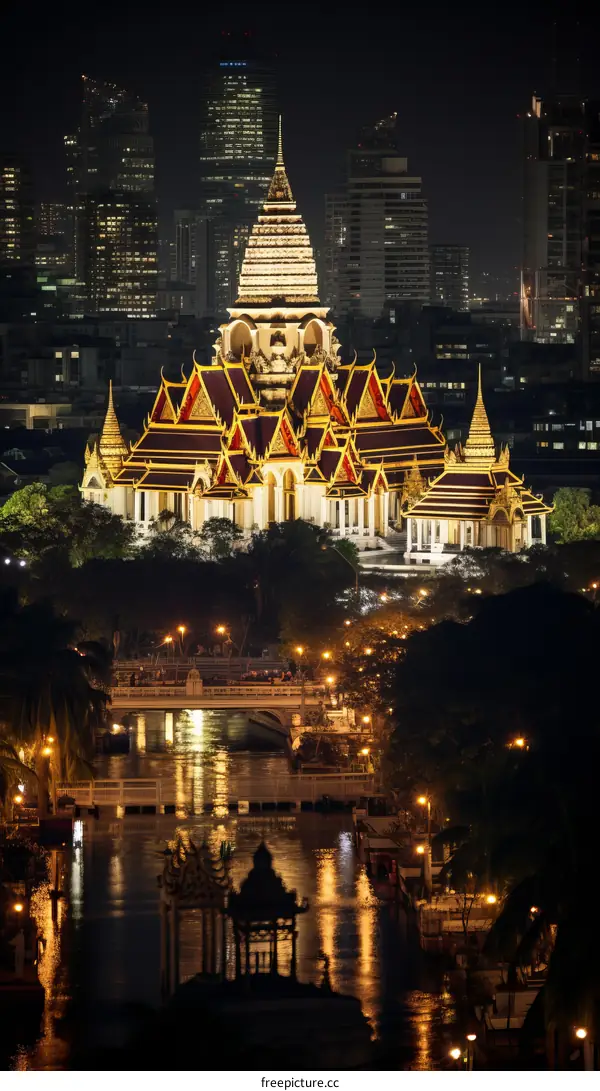 Wat Arun in Bangkok Illuminated with City Lights at Night