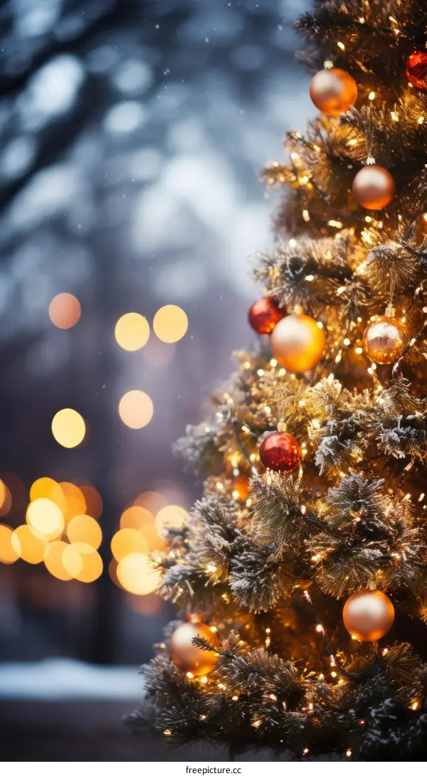 Christmas tree with red and gold ornaments and lights