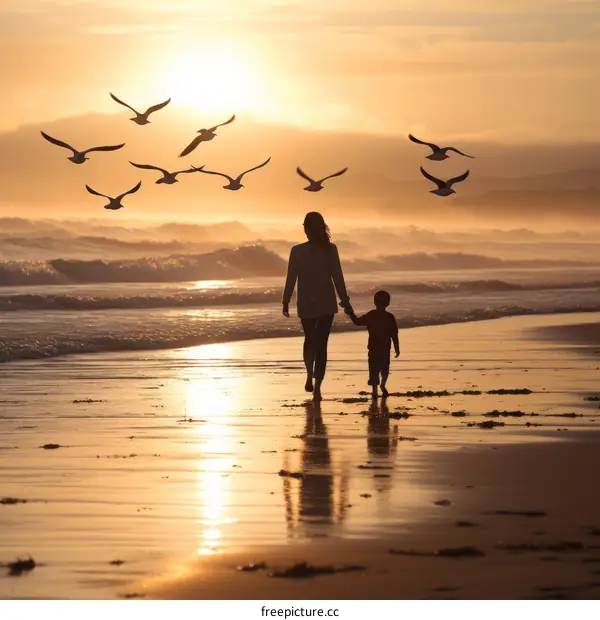 Mother and son walking on the beach at sunset with seagulls flying overhead