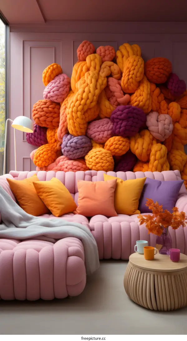 A cozy living room with a colorful yarn wall and a pink tufted sofa
