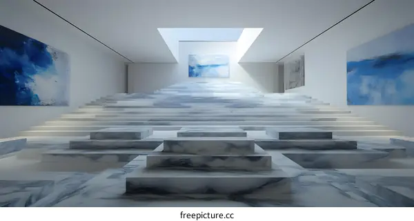 Modern Abstract Art Gallery with White Marble Stairs and Blue Paintings