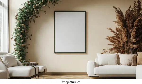 Modern Beige Living Room with Blank Frame and Plants