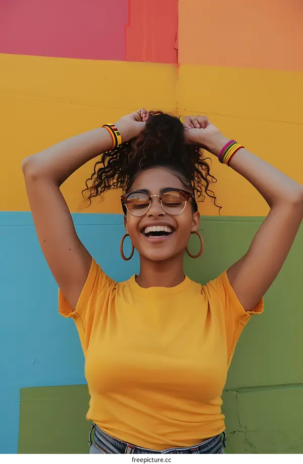 Smiling Woman In Yellow Shirt Against A Colorful Wall