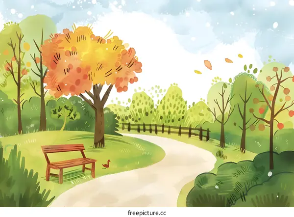 Autumn Park Scene with Bench and Winding Path