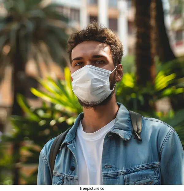 Close up portrait of a young man wearing a surgical mask outdoors