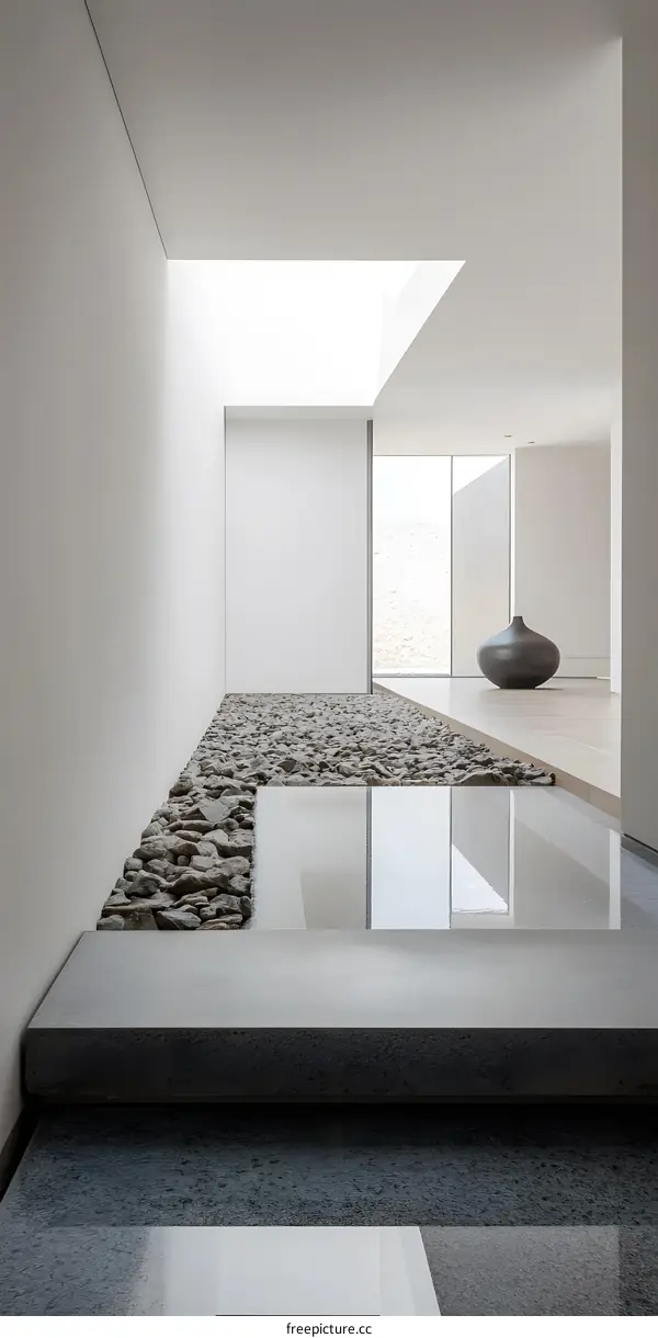 Modern Minimalist Home Interior Design With Stone And Water Feature
