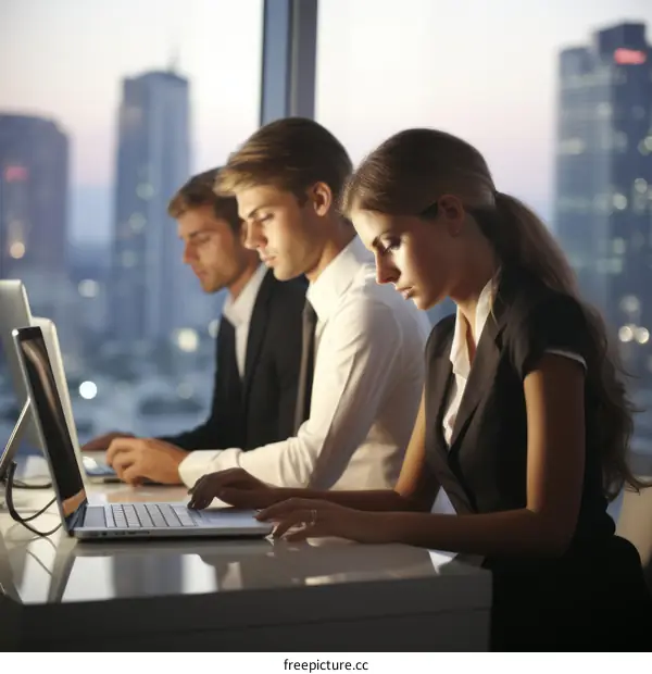 Three business people working late in an office