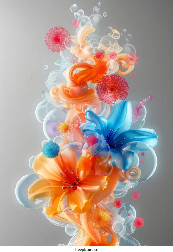 Colorful 3D flowers with bubbles
