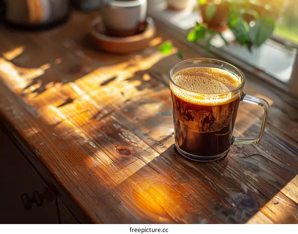 Close-up of a Glass of Coffee on a Wooden Table