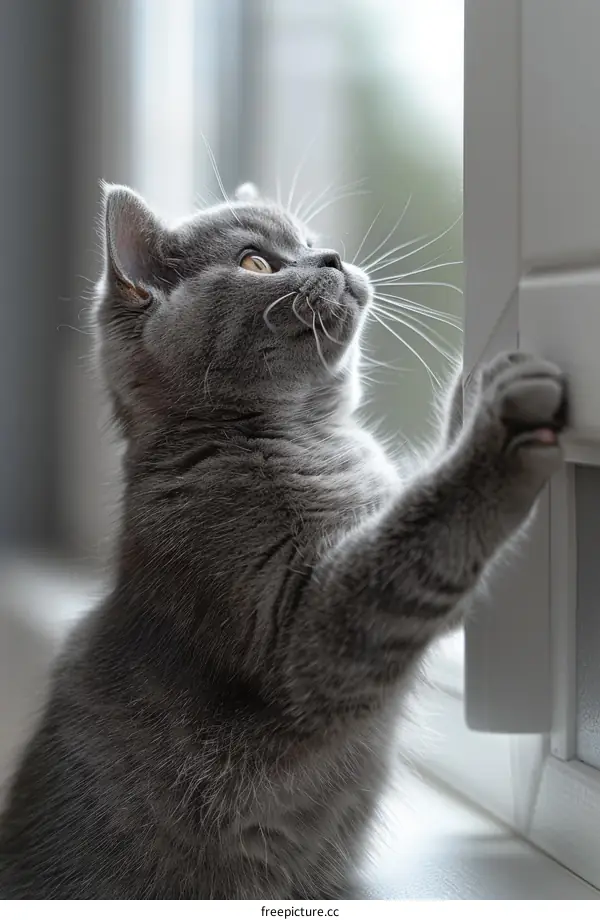 Cute Gray Kitten Looking Out Window